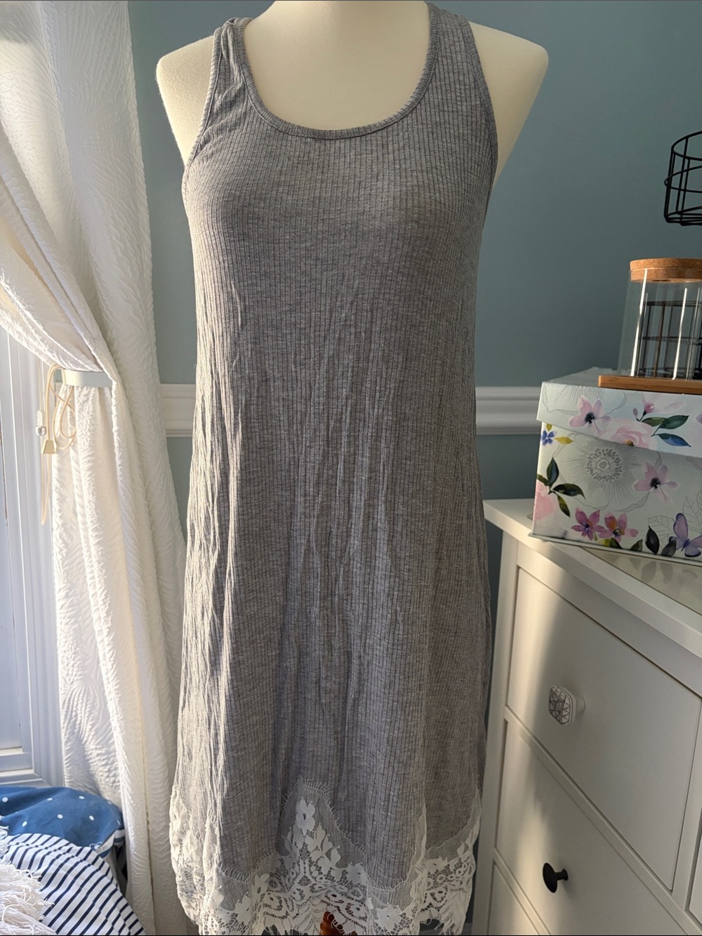 Ribbed Grey Tank Dress with Lace Hem